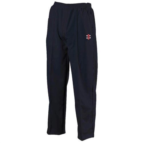 Black athletic pants with a small red-and-white logo on the leg