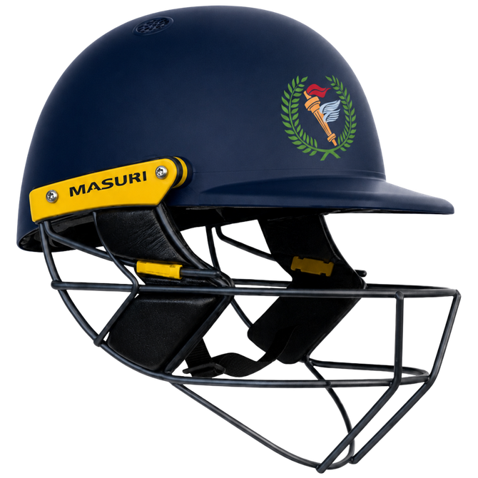 Navy blue cricket helmet with face guard and yellow MASURI logo