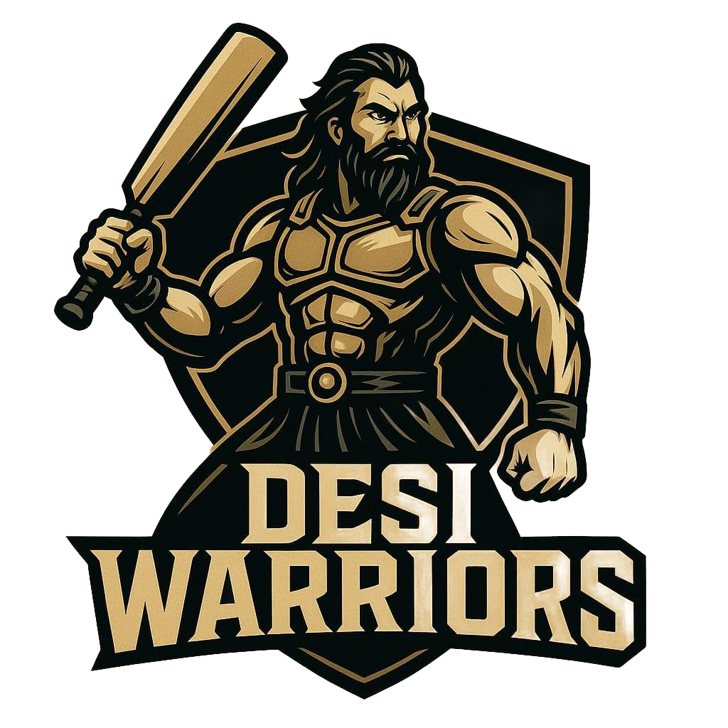Tiger head logo with black and gold shield and the text “DESI WARRIORS”