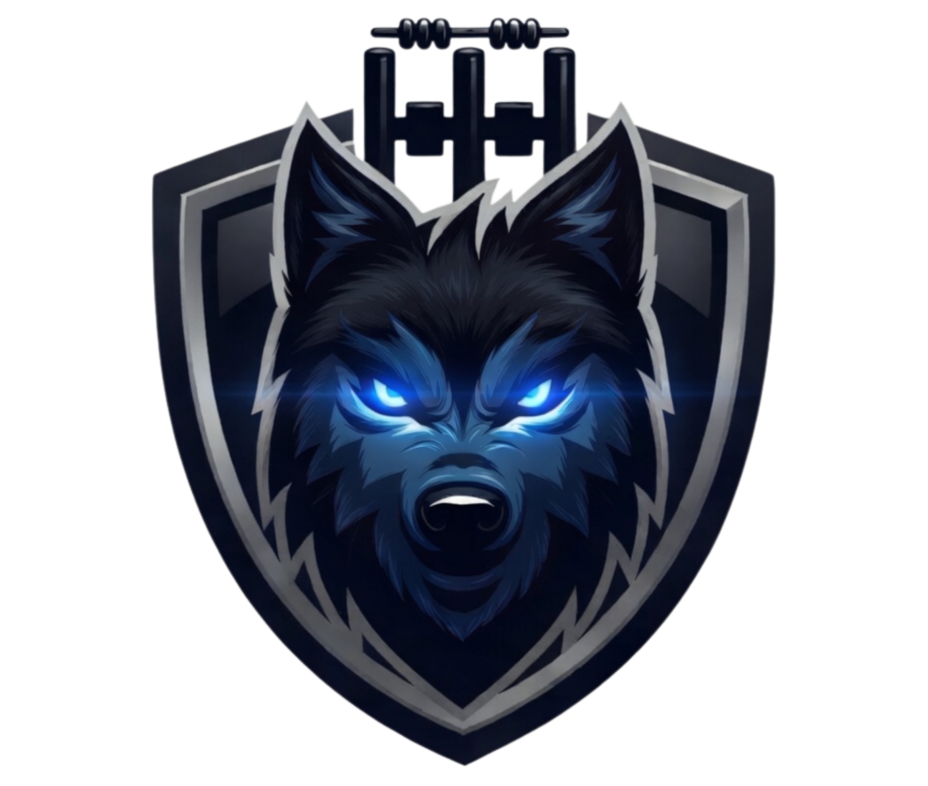 Blue-eyed wolf head emblem on a shield with a metallic, futuristic design