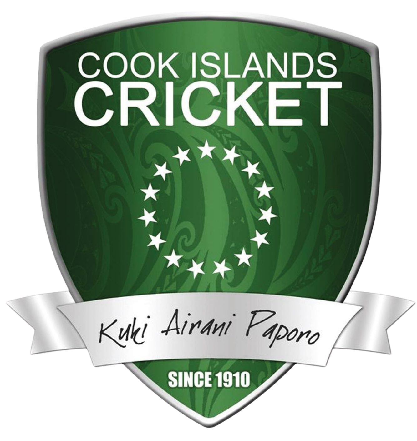 Cook Islands Cricket green shield logo with stars, silver ribbon, and “Since 1910” text