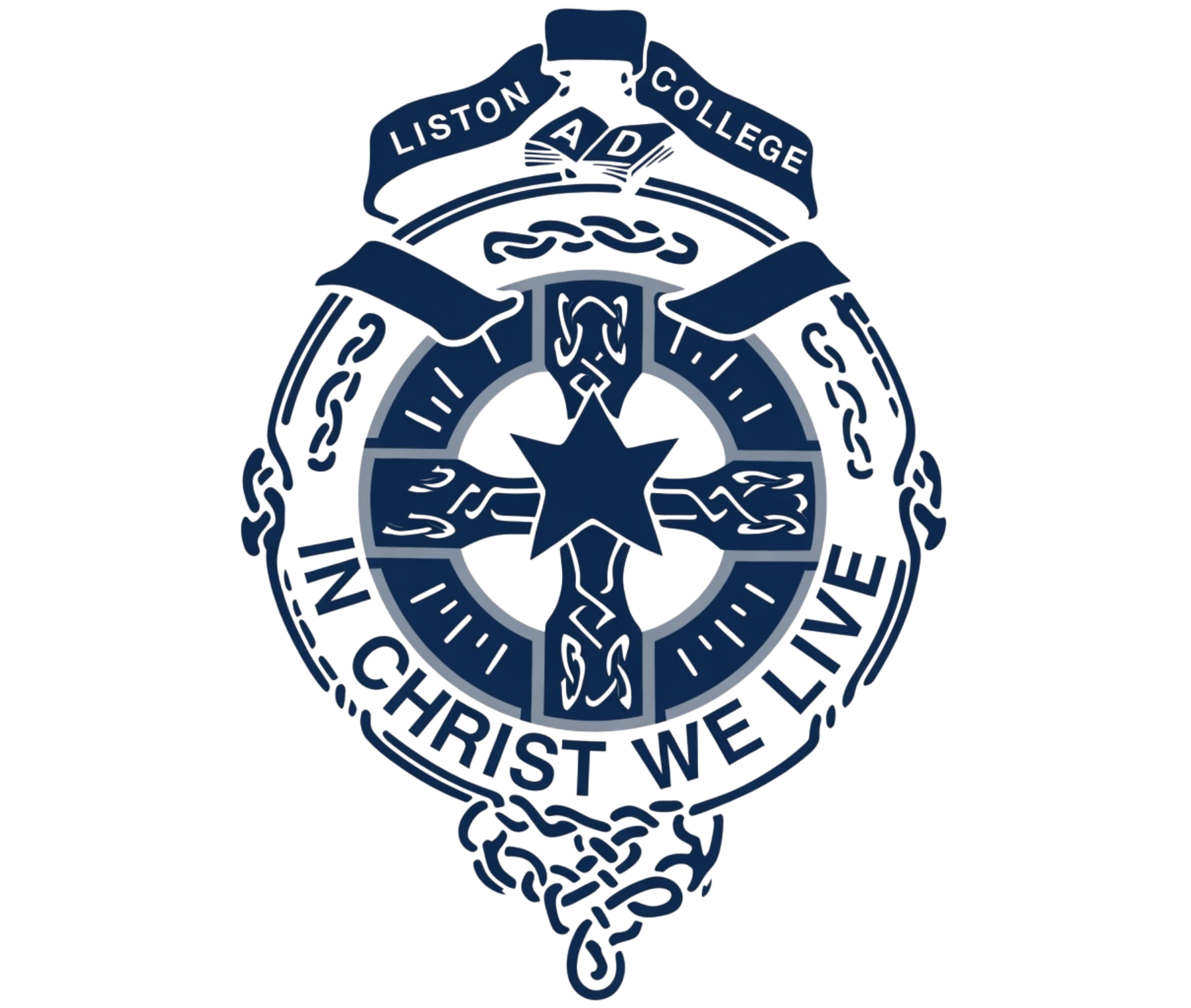 Lisbon College crest with a navy cross and star, reading “In Christ We Live”