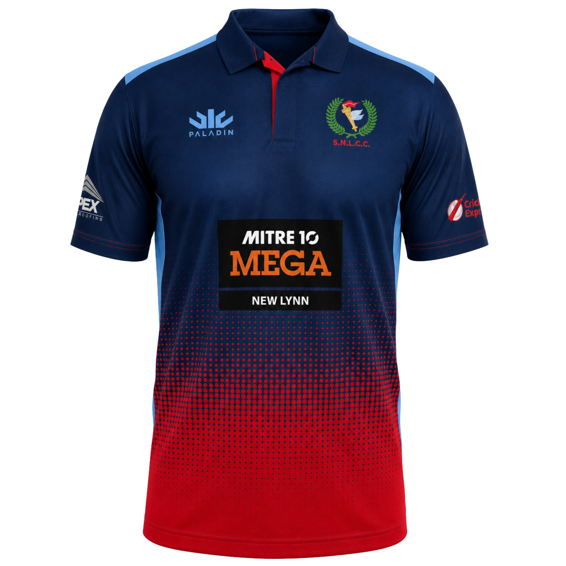 Blue-to-red sports jersey with sponsor logos and a crest on the chest