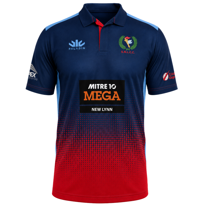 Navy-to-red gradient polo jersey with sponsor logos and a red collar