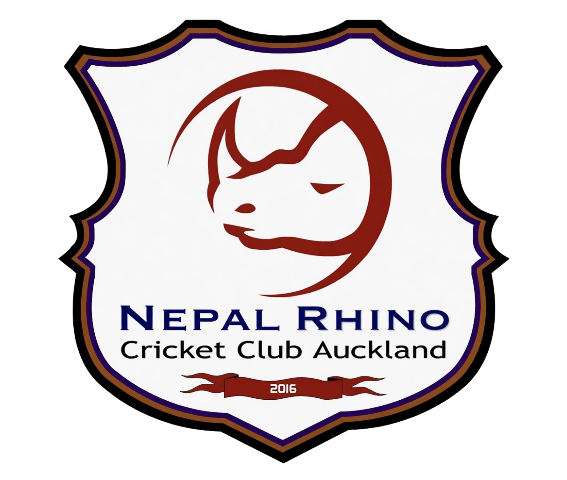 Nepal Rhino Cricket Club Auckland logo with stylized rhino head in maroon and blue shield