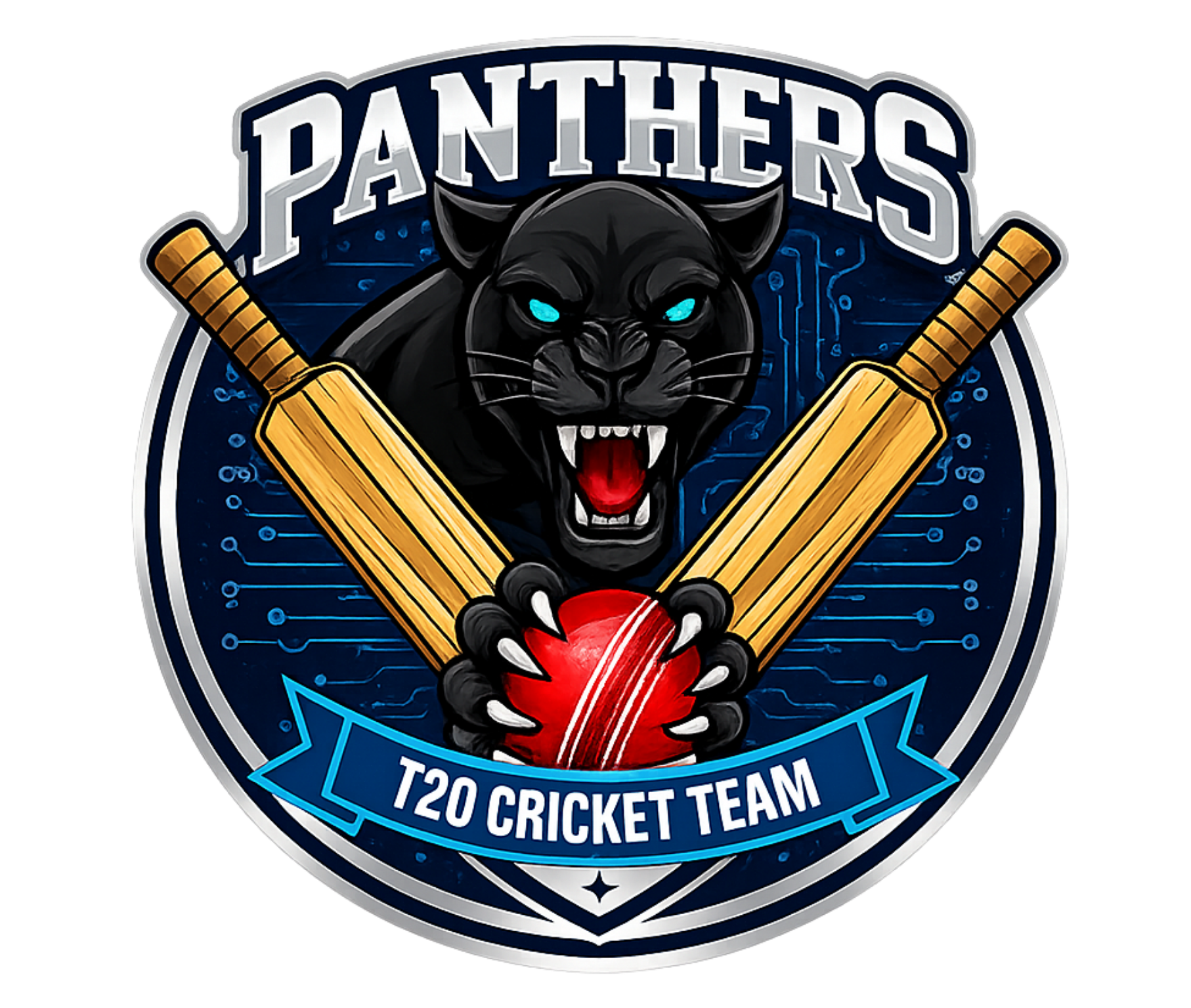 Panthers T20 Cricket Team logo with black panther, crossed bats, and red ball on blue shield