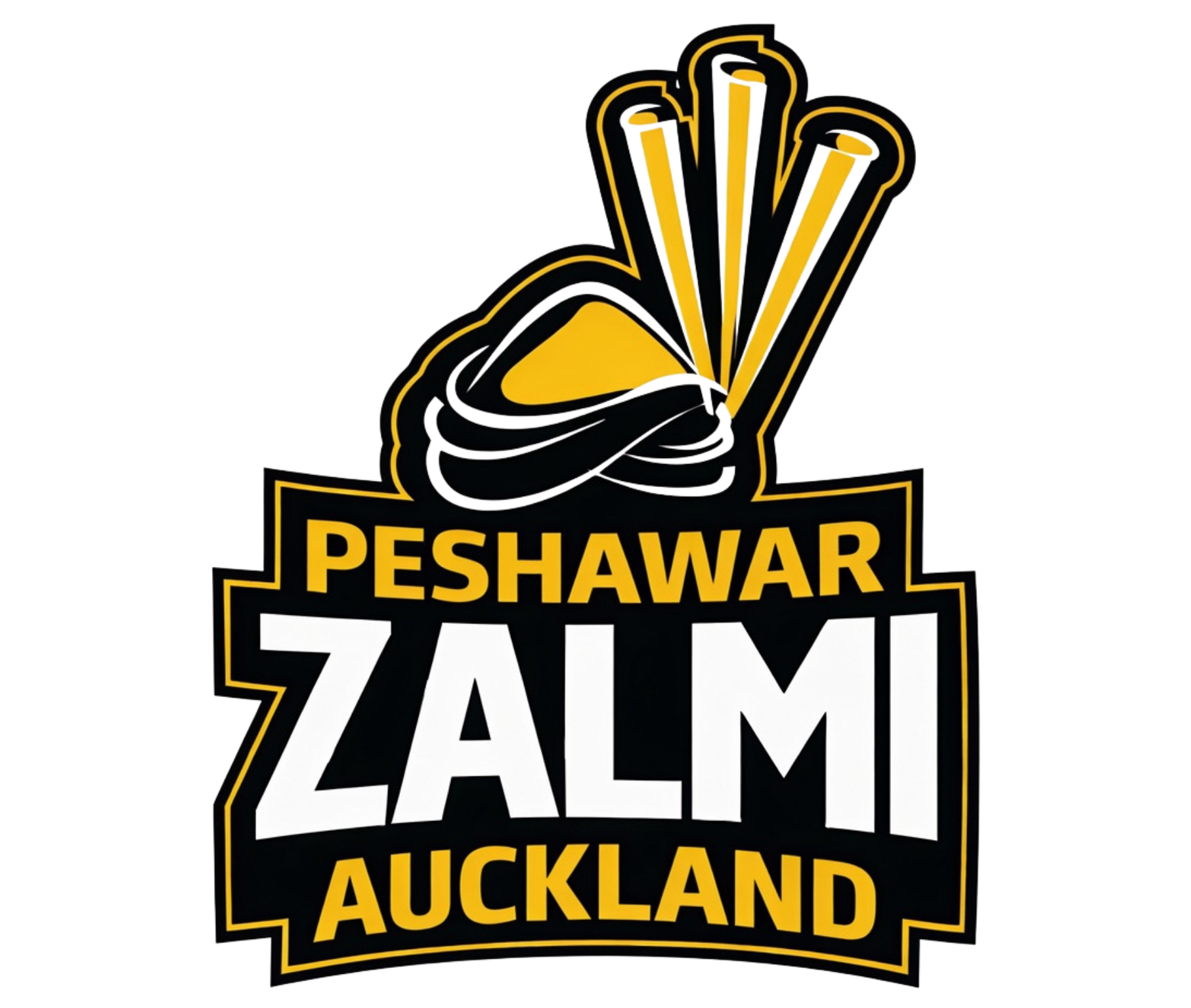 Peshawar Zalmi Auckland cricket team logo in black, yellow, and white with stylized bats