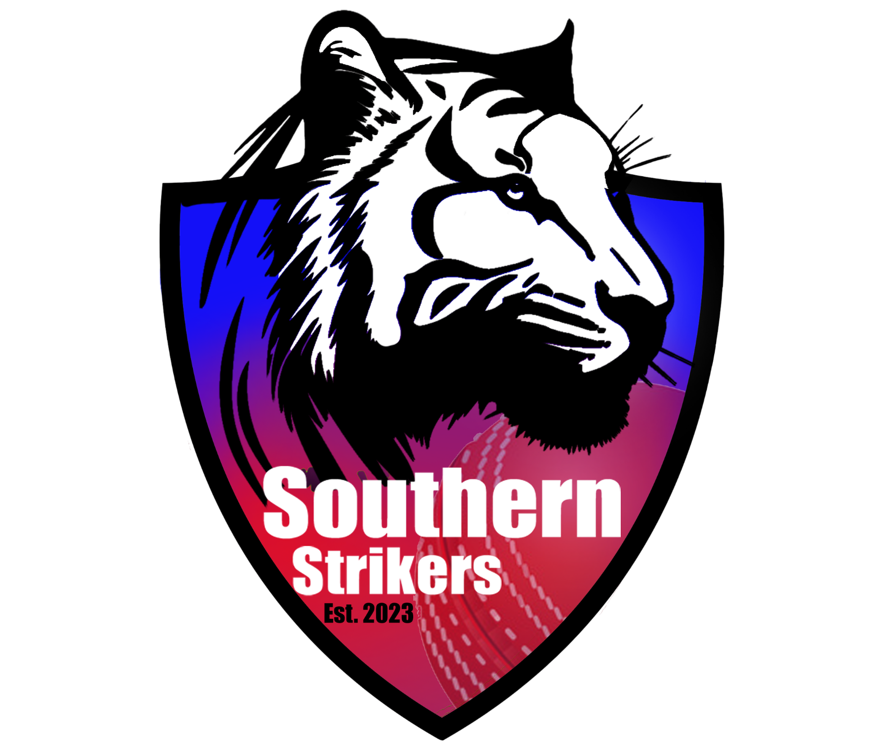 Southern Strikers lion logo in blue and red shield with black-and-white lion head