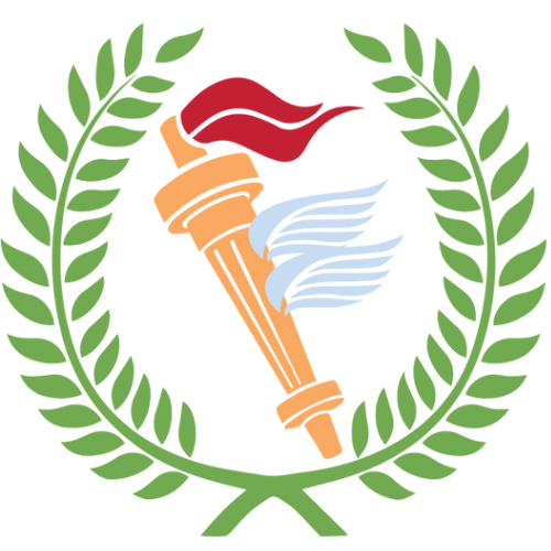 Green laurel wreath encircling an orange torch with blue wings and a red flame-like banner
