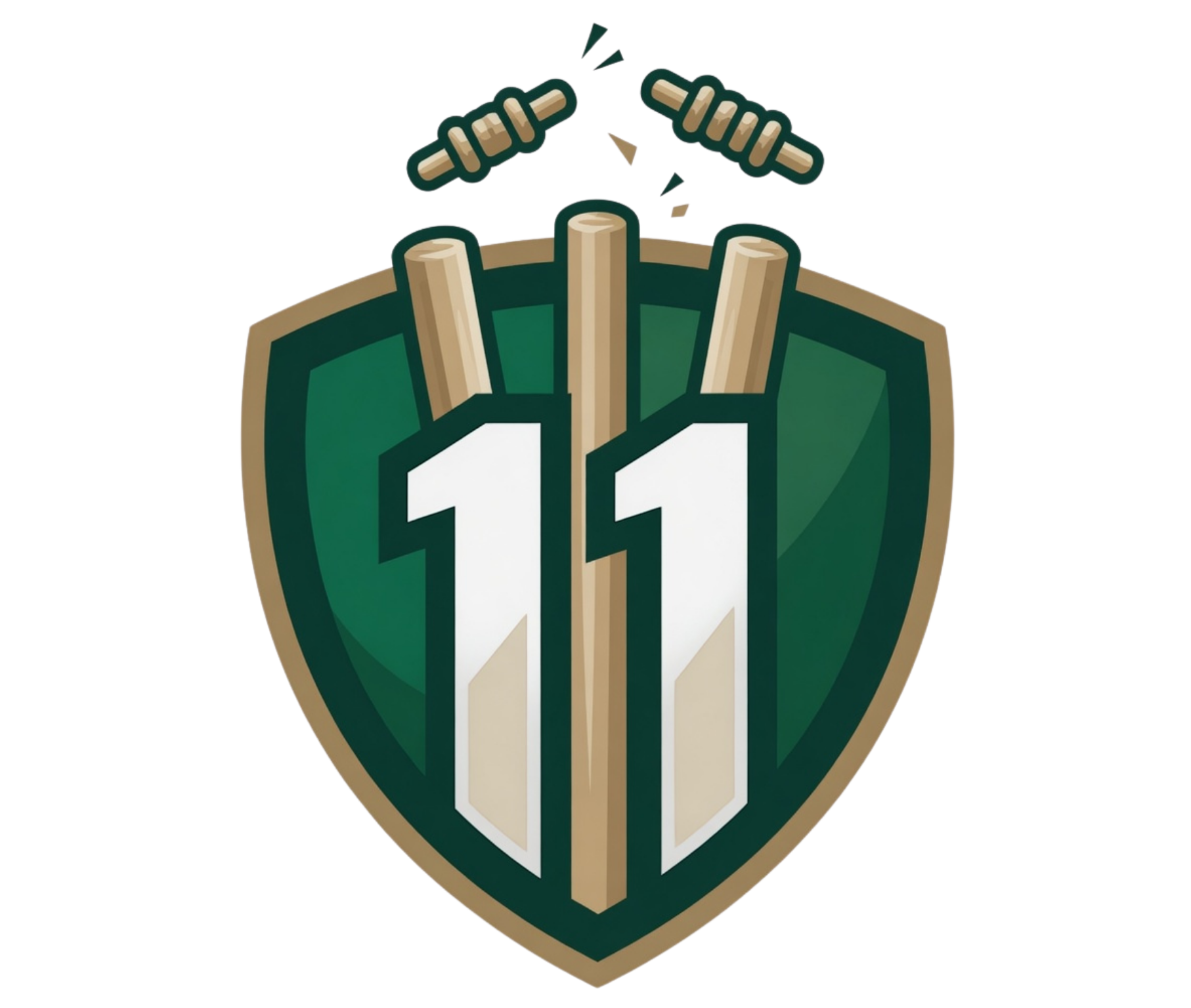 Green shield sports logo with white number 11 and two crossed wickets above it