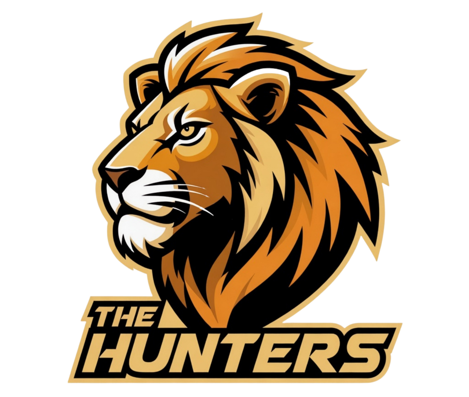 Stylized lion head logo above the words “The Hunters” in black and gold