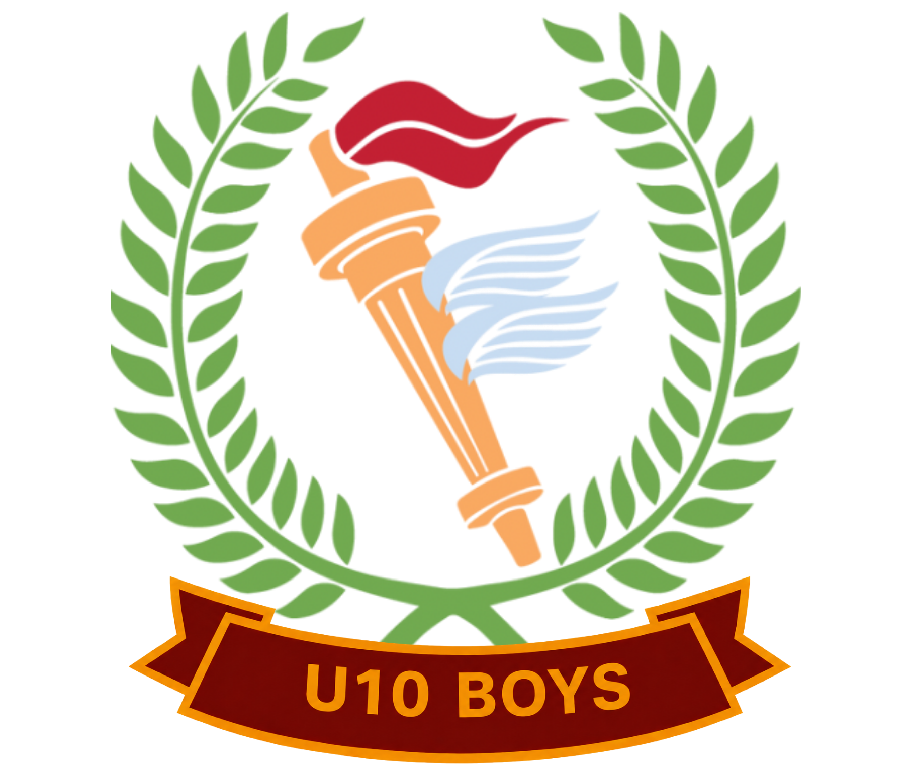Torch emblem with laurel wreath and banner reading “U10 BOYS”
