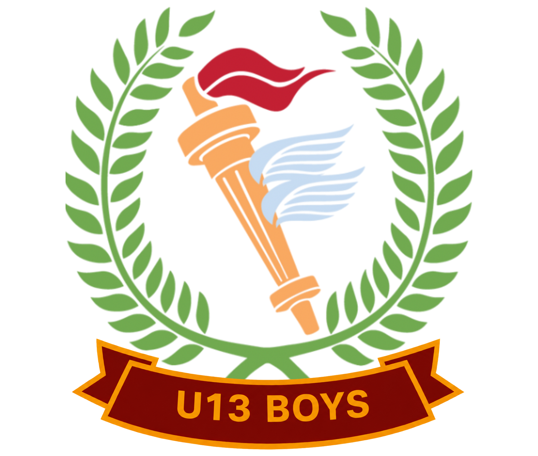 Torch emblem with laurel wreath and banner reading “U13 BOYS”