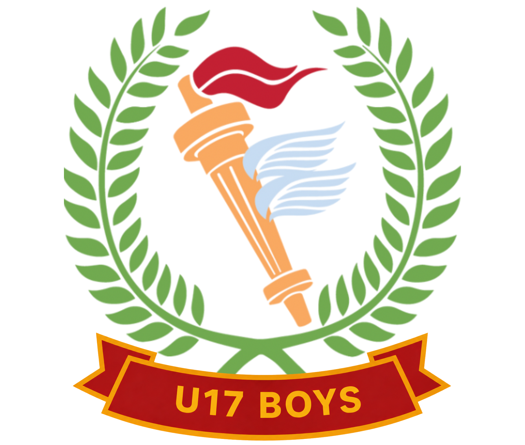 U17 Boys sports emblem with torch, laurel wreath, and red ribbon on white background