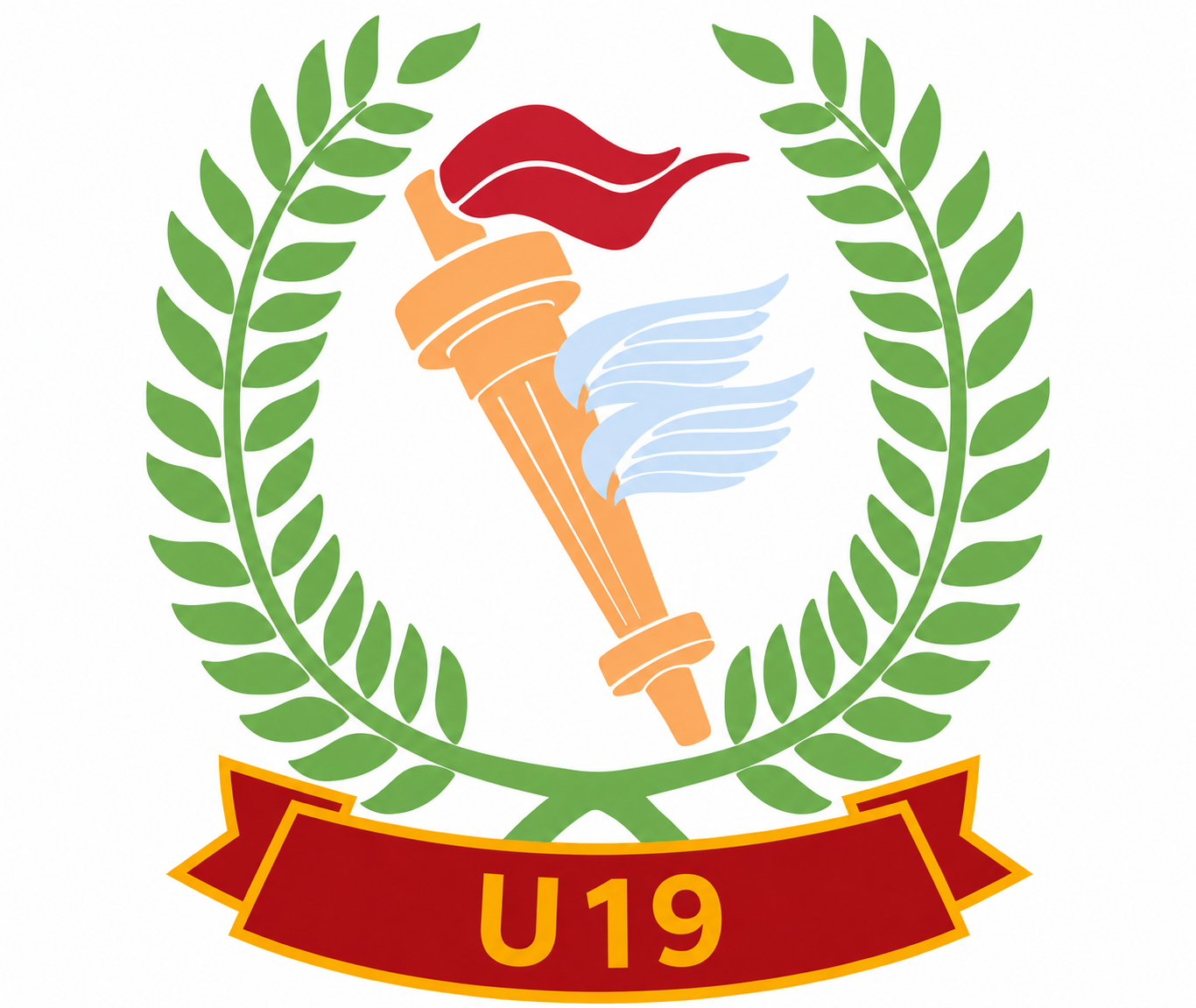 Green laurel wreath around torch with red flame, wing, and red banner reading U19