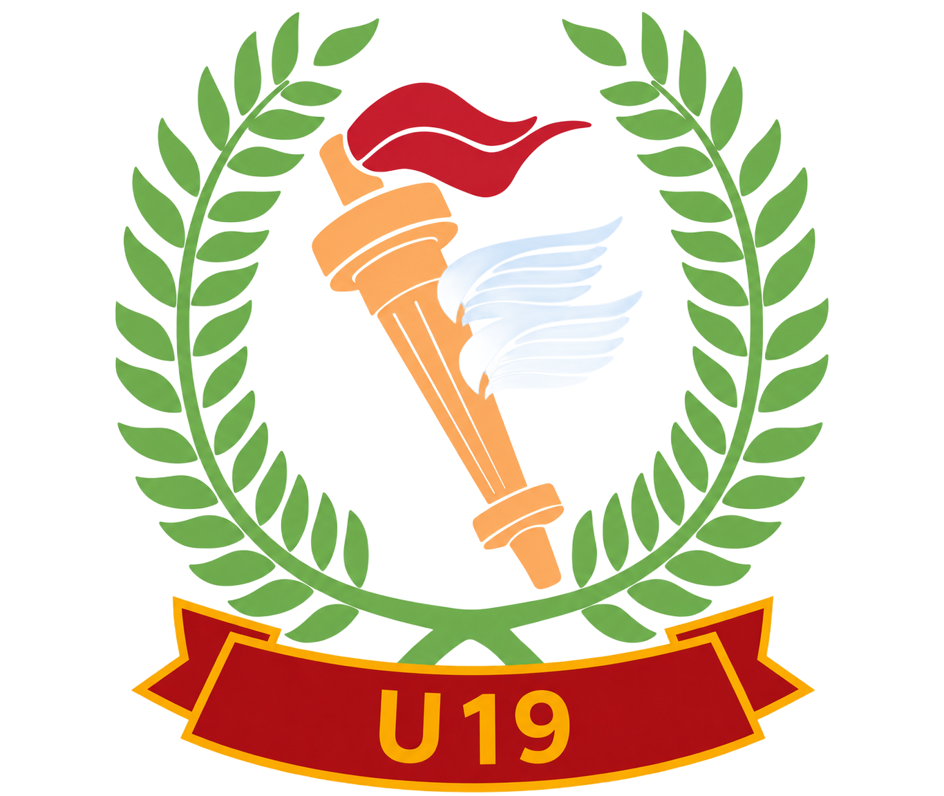 Green laurel emblem with an orange torch, red flame, white wings, and a red banner reading “U19”.