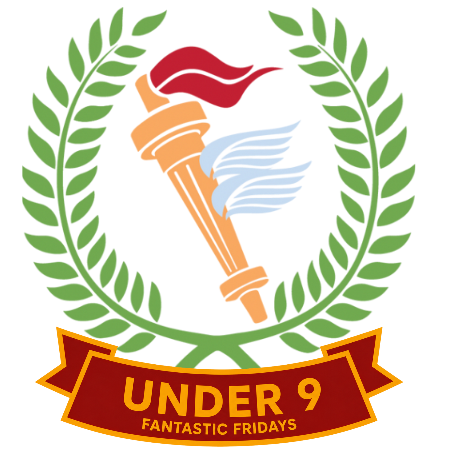 Under-9 football badge with torch and laurel wreath in red, green, and gold
