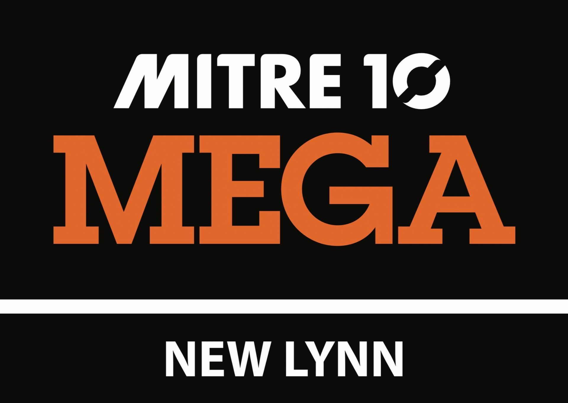 Mitre 10 Mega New Lynn logo on black background, with white and orange text.