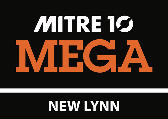 Mitre 10 Mega New Lynn logo on black background, with white and orange text.