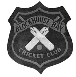 Black-and-white Blockhouse Bay Cricket Club shield logo with crossed bats and ball