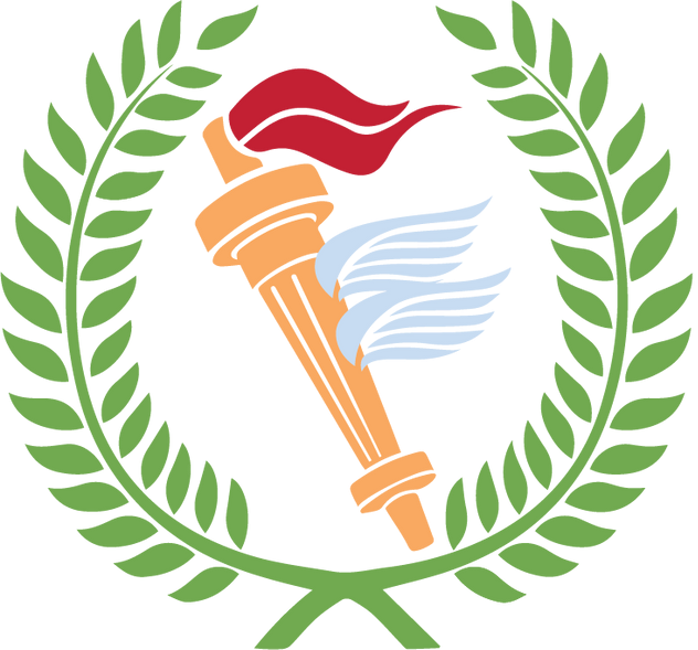 Laurel wreath encircling a torch with red and blue flames on a white background
