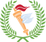 Laurel wreath encircling a torch with red and blue flames on a white background