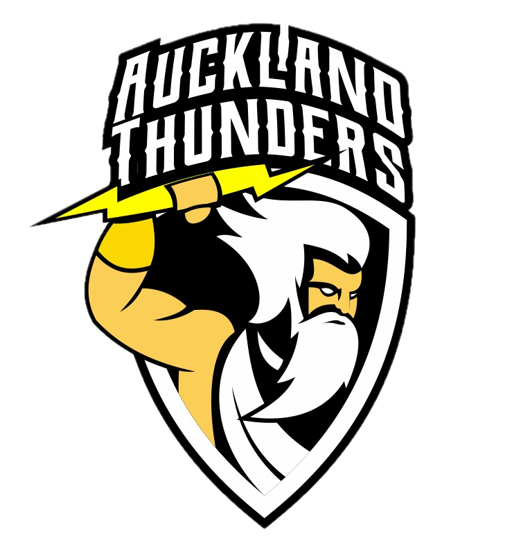 Auckland Thunders logo with a white-bearded mascot holding a yellow lightning bolt on a black-and-white shield