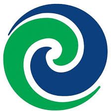 Blue and green spiral logo on a white background