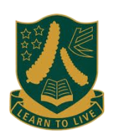 Green and gold school crest with stars, book, palm fronds, and banner reading “LEARN TO LIVE”