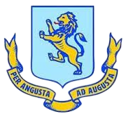 Blue shield crest with a gold lion and banner reading “Per Angusta Ad Augusta”