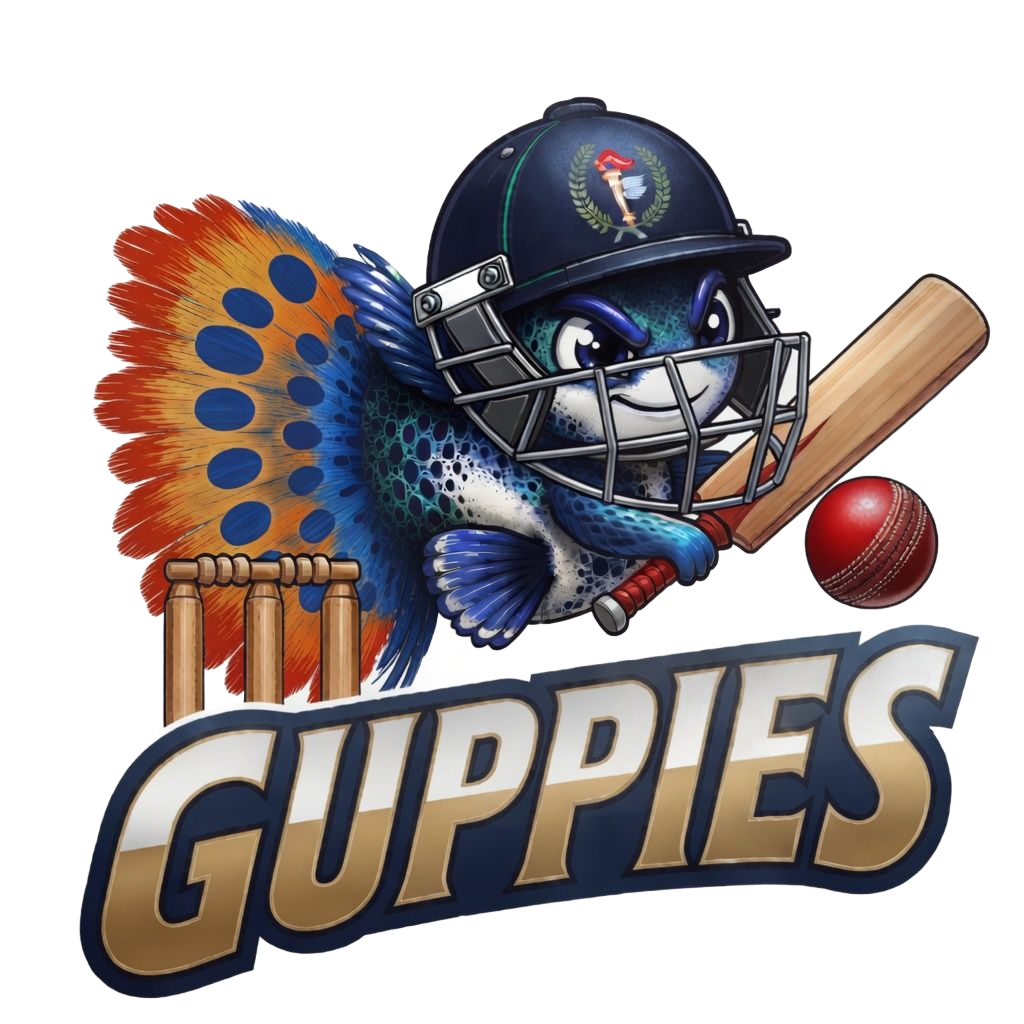Mascot logo of a blue guppy batter with bat and ball, wearing a helmet, above the word “GUPPIES”