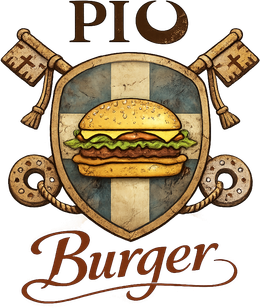 Logo Pio Burger: scudo con hamburger, chiavi incrociate, testo