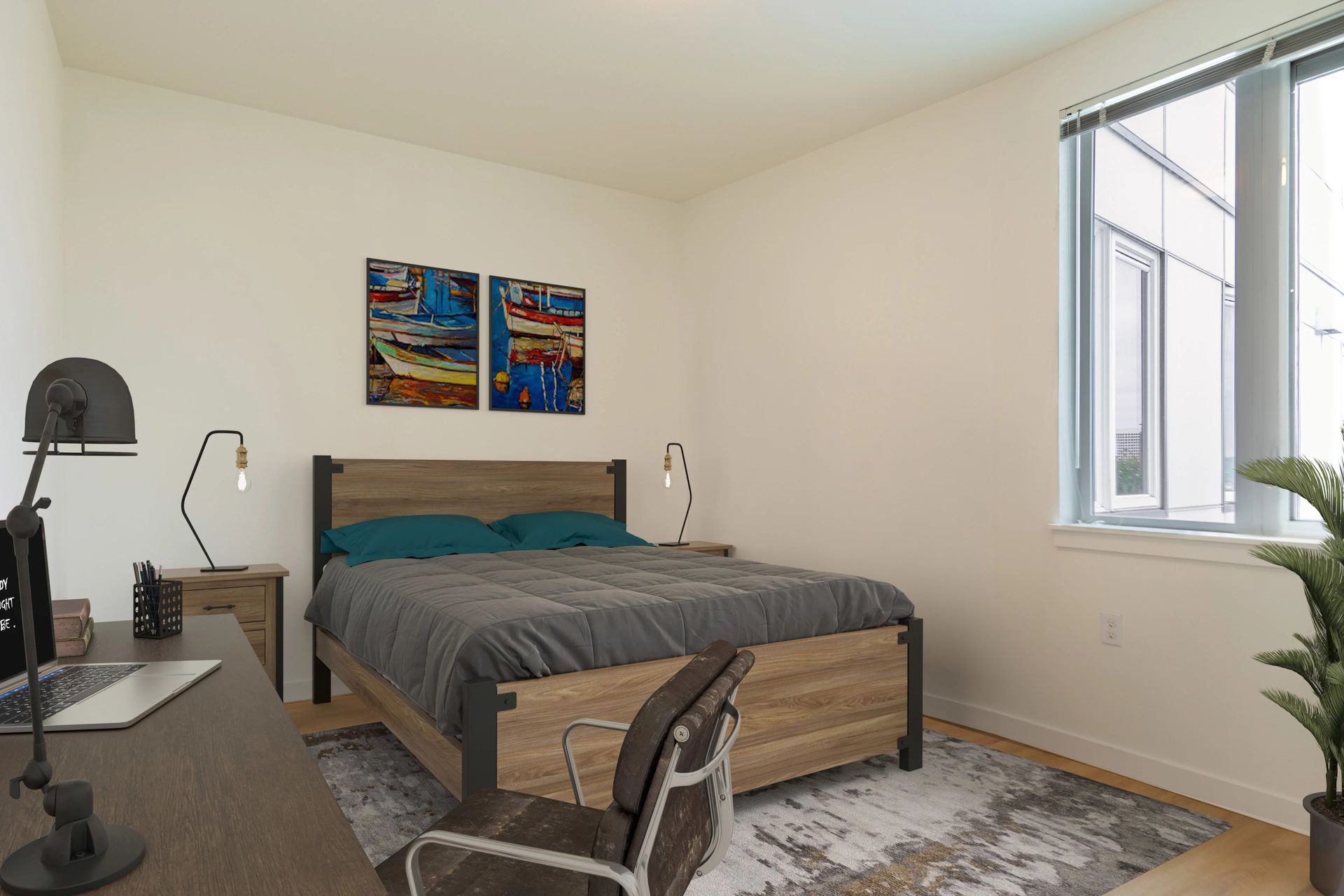 Bedroom with bed, desk, artwork, and window. Neutral color scheme, with wood furniture and modern decor.