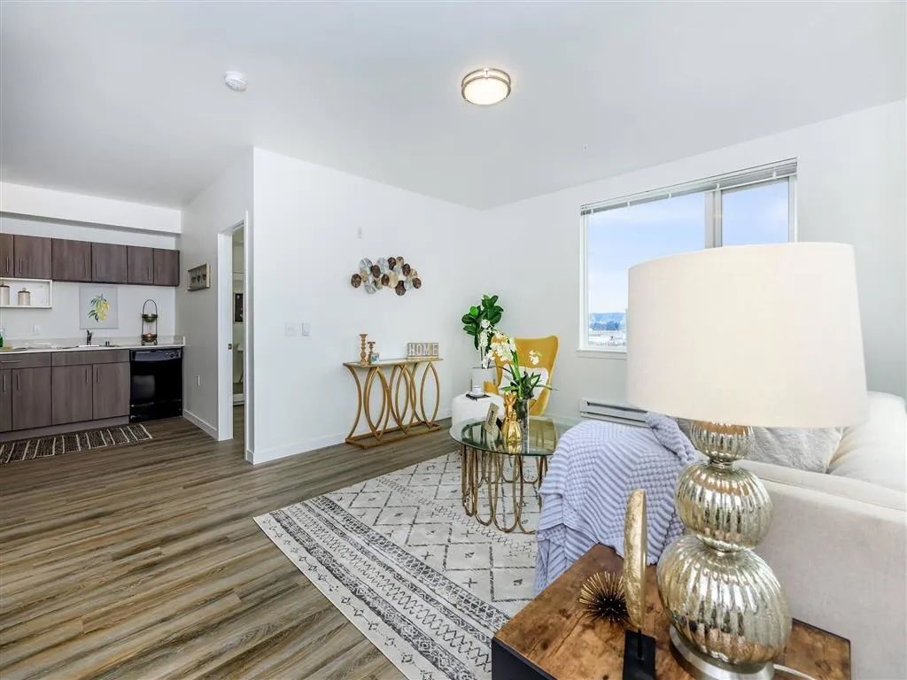 Living room with hardwood floors, kitchen visible. White walls, decorative gold accents, a rug, and a large window.