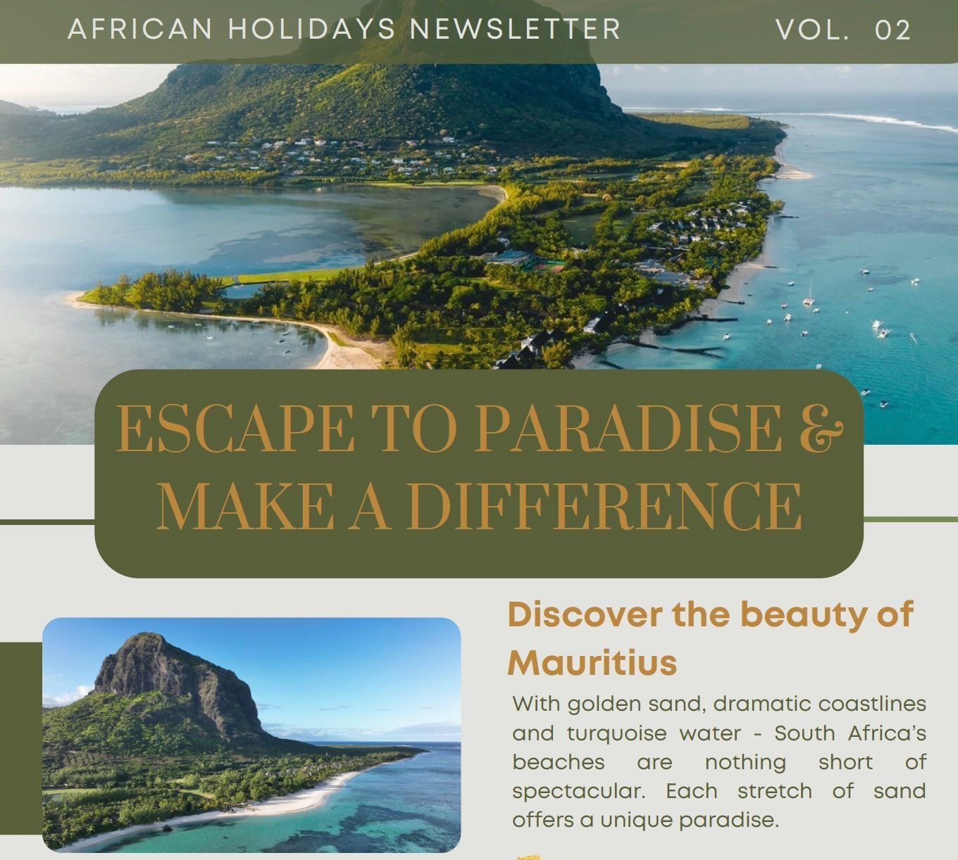 Newsletter cover for African Holidays featuring a scenic aerial view of a tropical coastline and mountain.