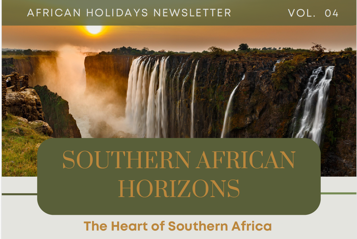 Newsletter title page featuring a sunset over Victoria Falls with the text 