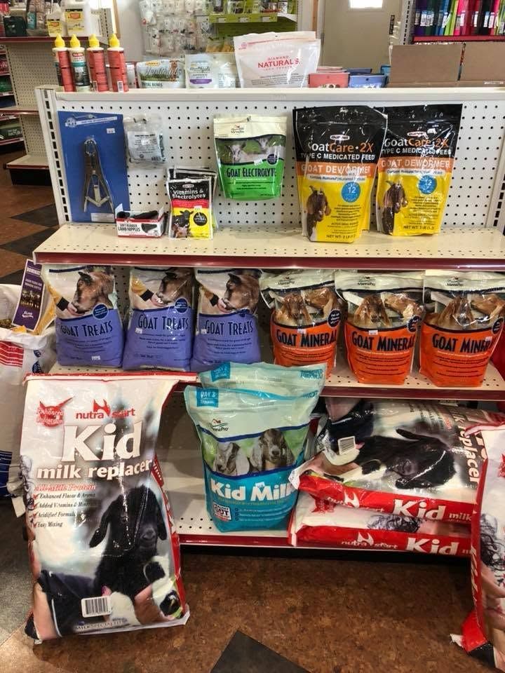 Store display of colorful pet food bags and cans on shelves and a table.