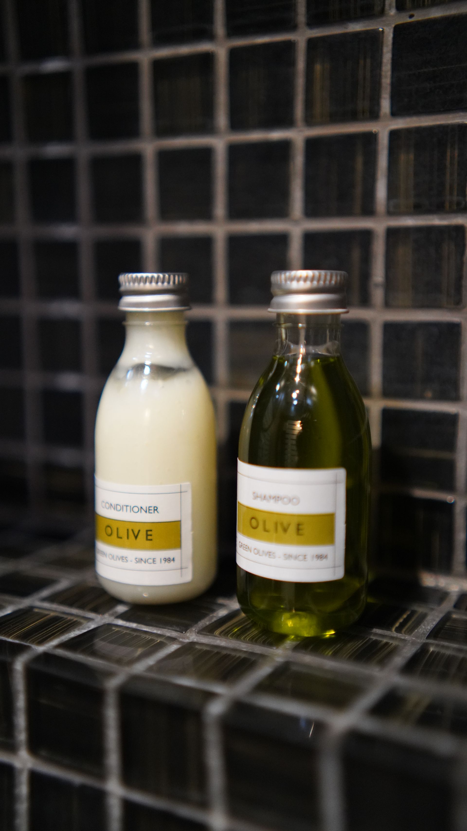 Two bottles of shampoo and conditioner are sitting on a tiled shelf.