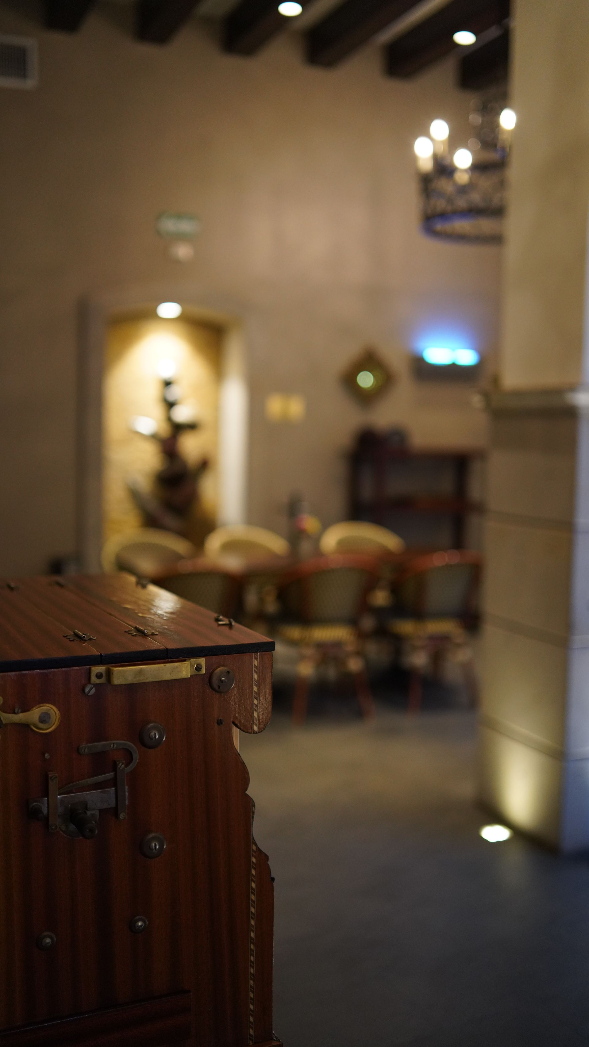 A trunk is sitting in the middle of a room with a blurred background.