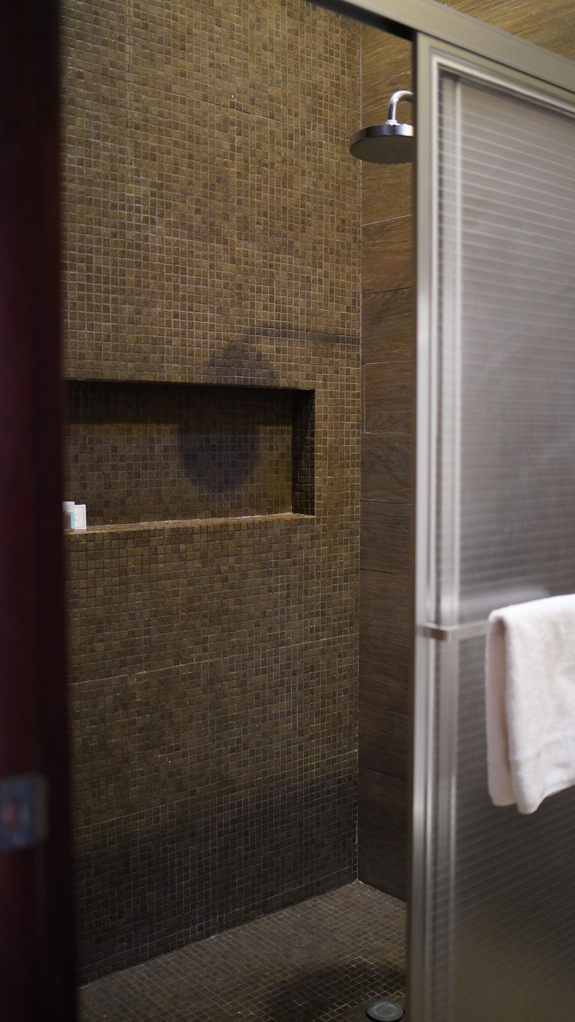 A bathroom with a shower and a towel hanging on the wall.