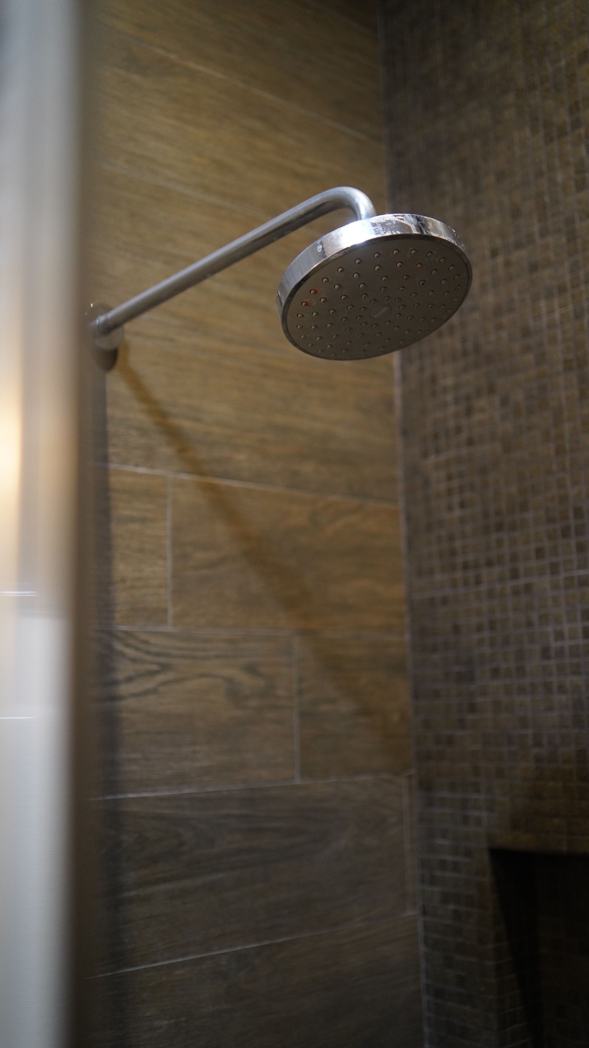 A close up of a shower head in a bathroom.