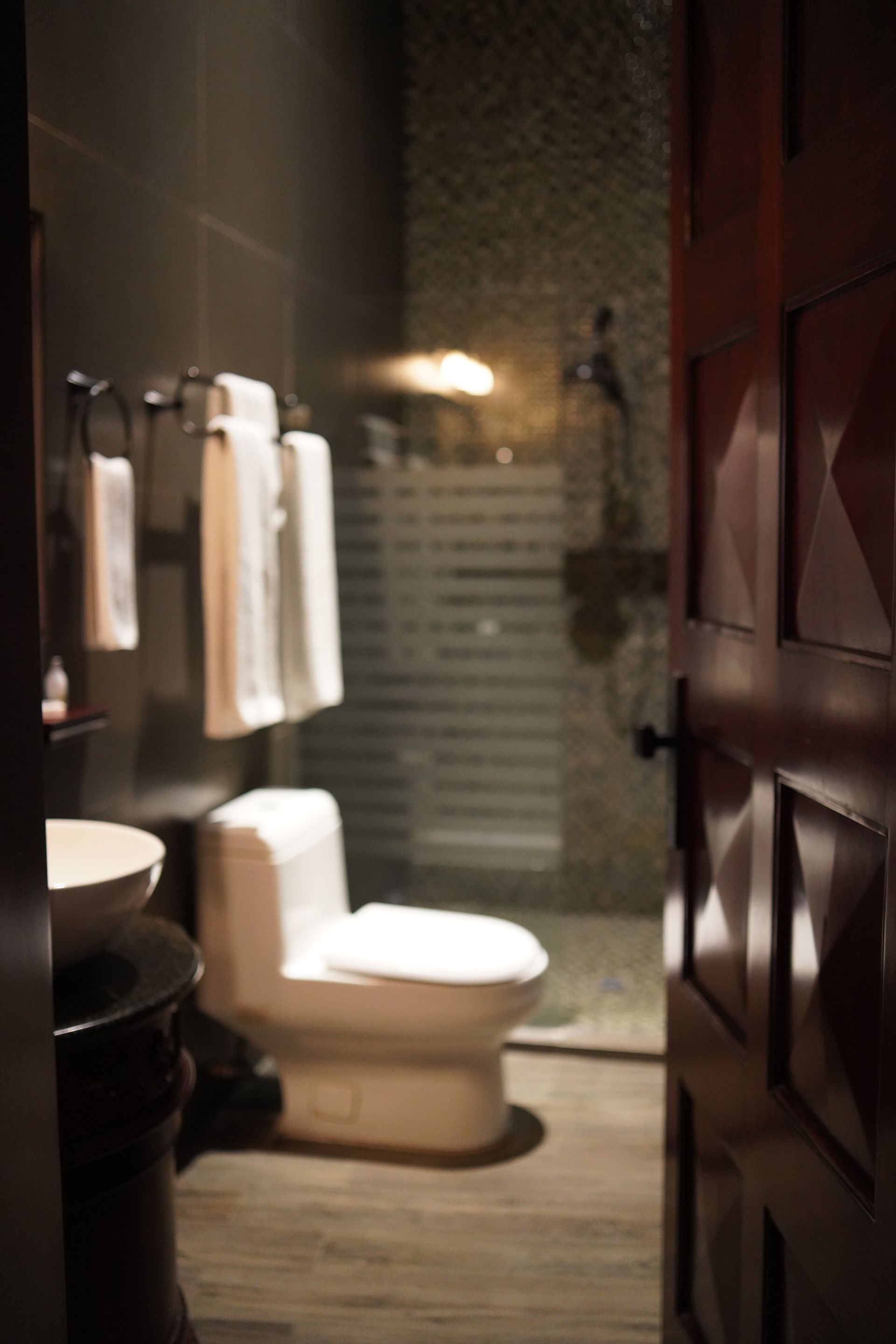 A bathroom with a toilet a sink and a walk in shower