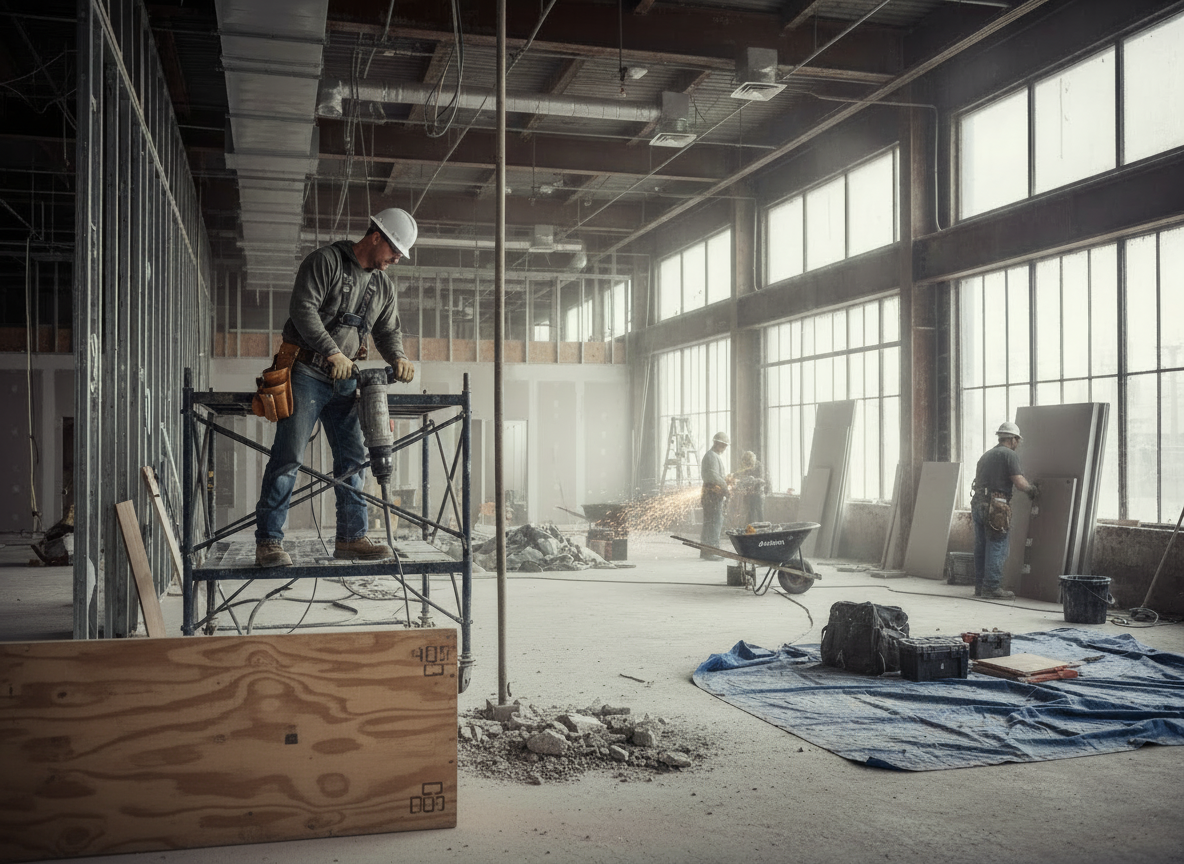 Commercial building under construction with workers inside