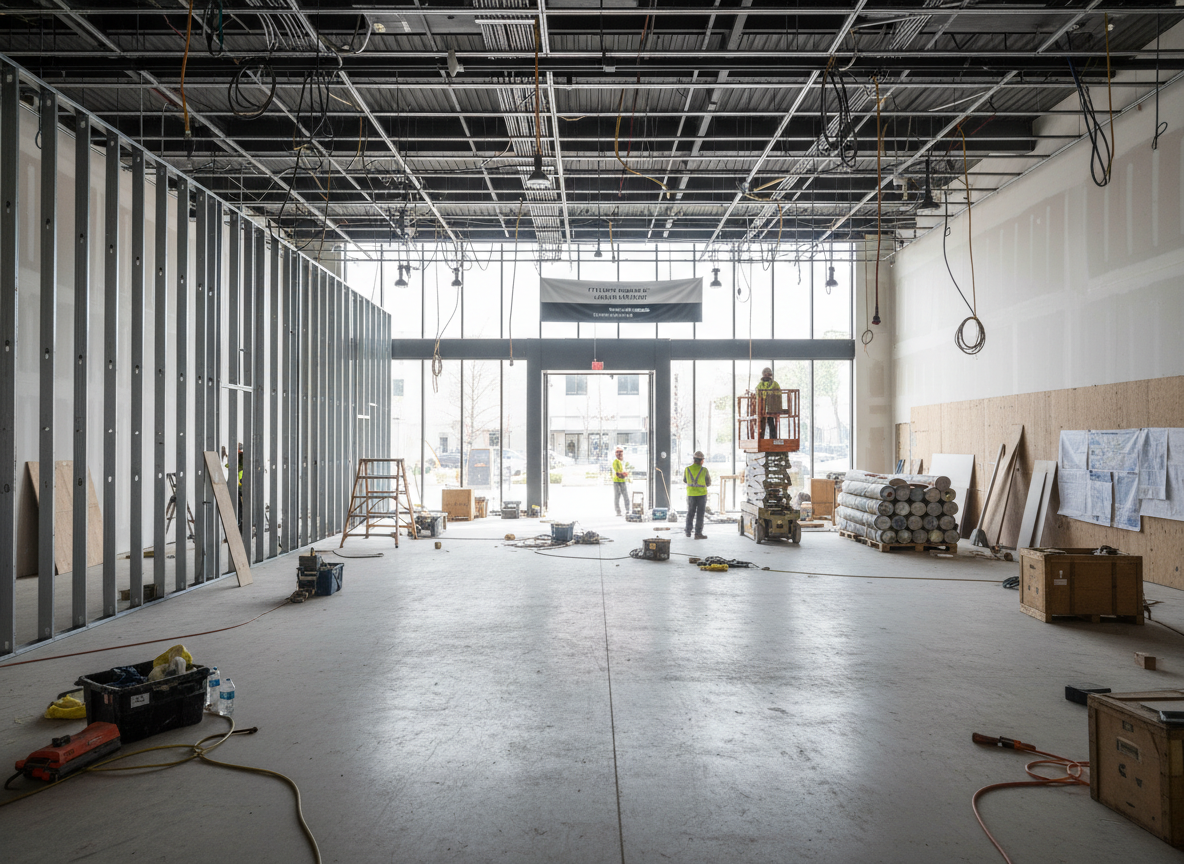Retail space under renovation with exposed framing