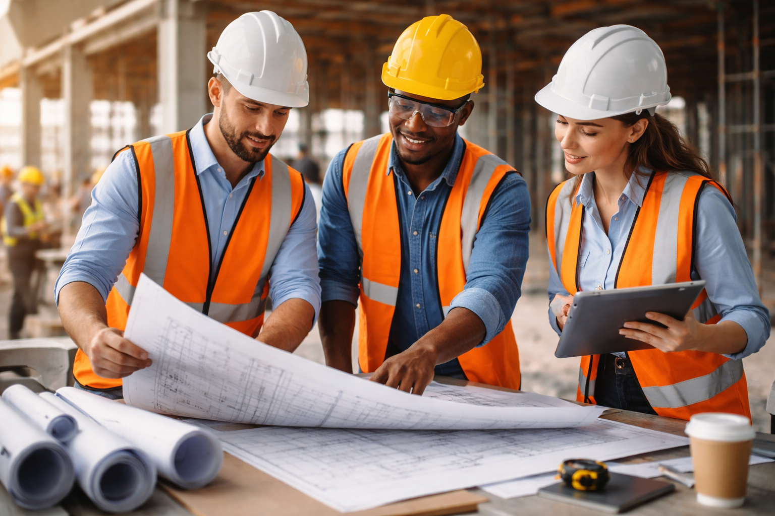 Construction team reviewing architectural plans on site