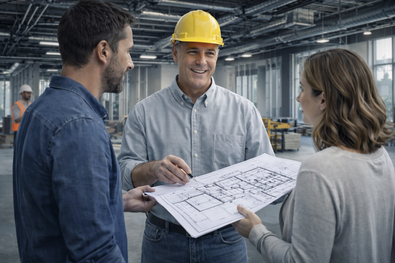 General contractor reviewing project plans with homeowners on site