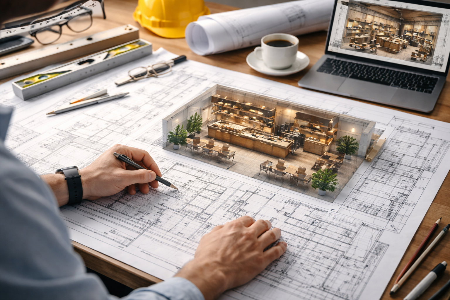Architect reviewing construction blueprints and 3D building model