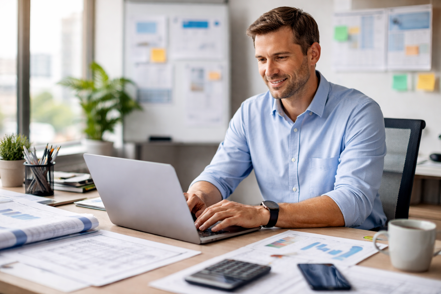 Office worker preparing construction permits on laptop