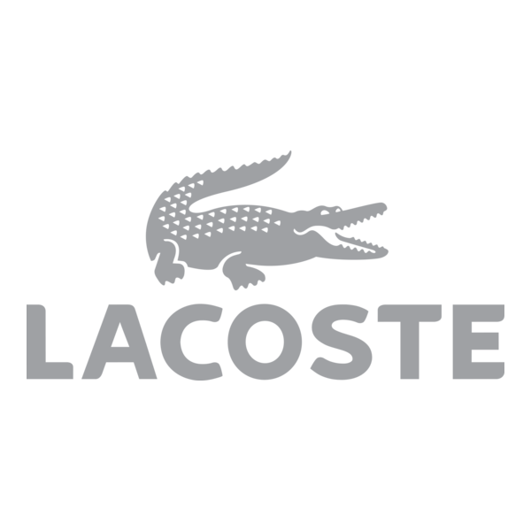 Logotipo gris de Lacoste con icono de cocodrilo sobre el nombre de la marca.