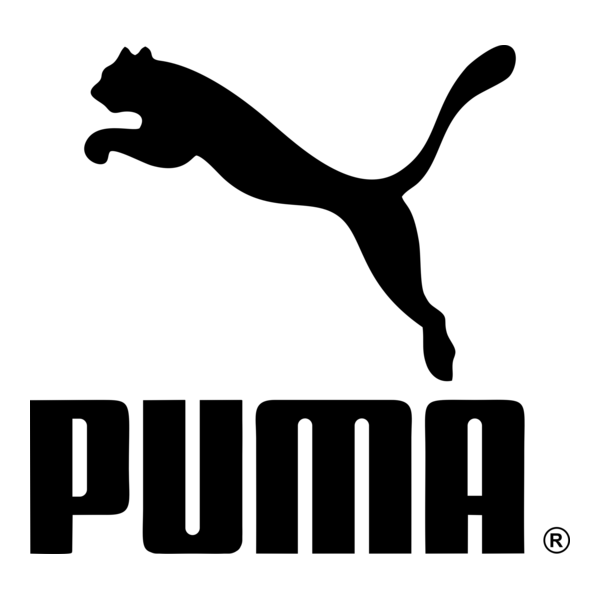 Logotipo negro de Puma saltando sobre el texto PUMA en negrita negra sobre un fondo blanco.